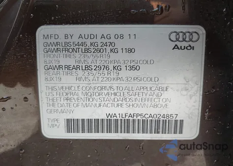 2012 Audi Q5 2.0T Premium from USA, damaged, VIN WA1LFAFP5CA024857